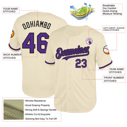 Custom Cream Purple-Black Mesh Authentic Throwback Baseball Jersey - Sky-Custom