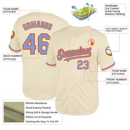 Custom Cream Powder Blue-Orange Mesh Authentic Throwback Baseball Jersey - Sky-Custom