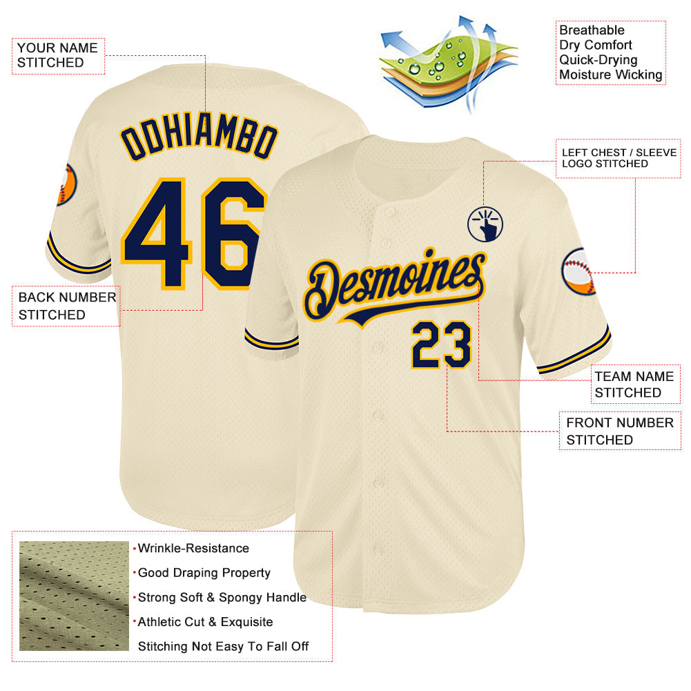 Custom Cream Navy-Gold Mesh Authentic Throwback Baseball Jersey - Sky-Custom