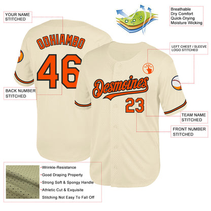 Custom Cream Orange-Black Mesh Authentic Throwback Baseball Jersey - Sky-Custom