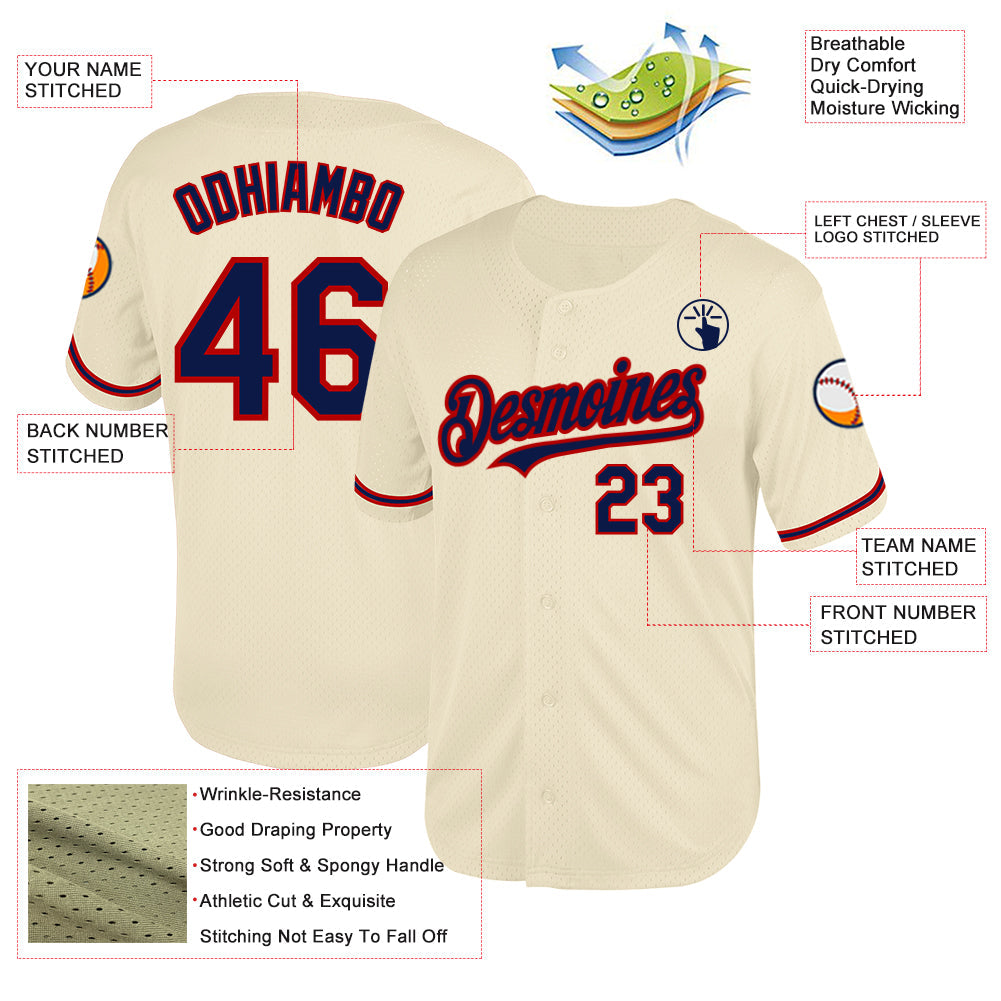 Custom Cream Navy-Red Mesh Authentic Throwback Baseball Jersey - Sky-Custom
