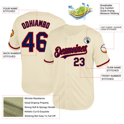 Custom Cream Navy-Red Mesh Authentic Throwback Baseball Jersey - Sky-Custom