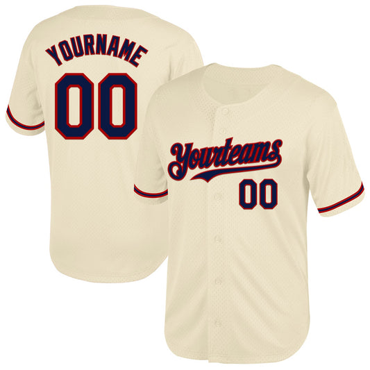 Custom Cream Navy-Red Mesh Authentic Throwback Baseball Jersey - Sky-Custom