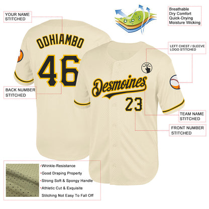 Custom Cream Black-Gold Mesh Authentic Throwback Baseball Jersey - Sky-Custom