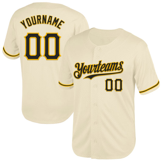 Custom Cream Black-Gold Mesh Authentic Throwback Baseball Jersey - Sky-Custom
