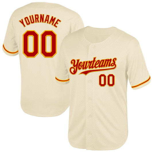Custom Cream Red-Gold Mesh Authentic Throwback Baseball Jersey - Sky-Custom