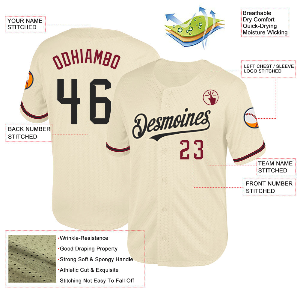 Custom Cream Black-Crimson Mesh Authentic Throwback Baseball Jersey - Sky-Custom