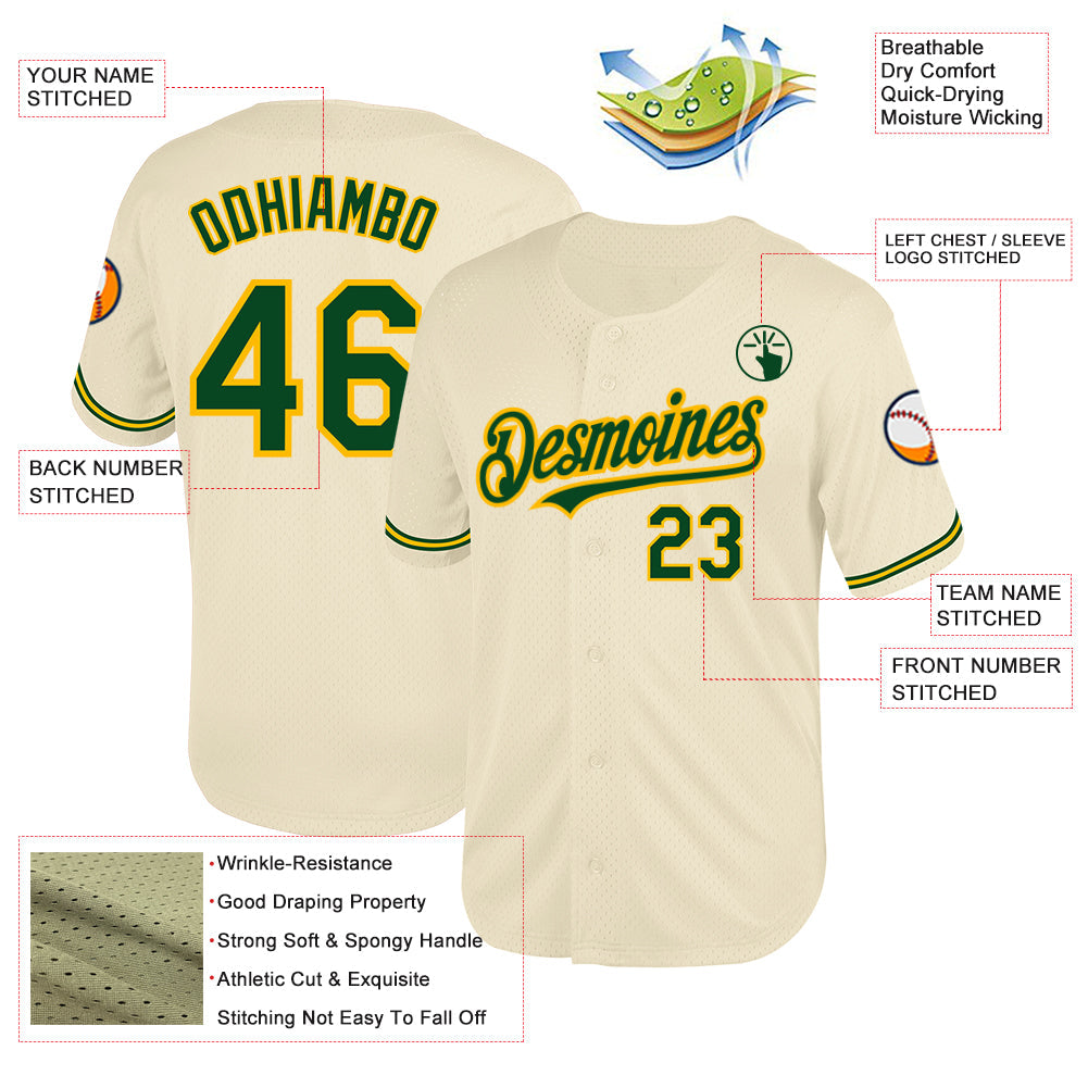 Custom Cream Green-Gold Mesh Authentic Throwback Baseball Jersey - Sky-Custom