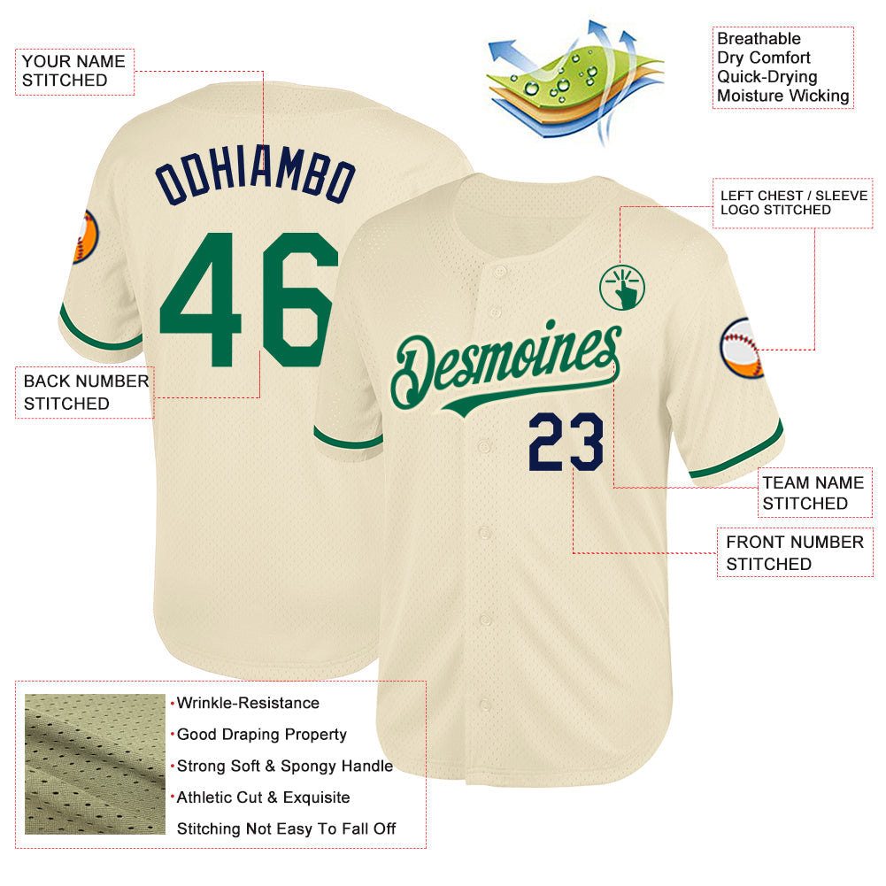 Custom Cream Kelly Green-Navy Mesh Authentic Throwback Baseball Jersey - Sky-Custom