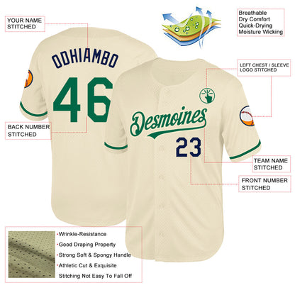 Custom Cream Kelly Green-Navy Mesh Authentic Throwback Baseball Jersey - Sky-Custom