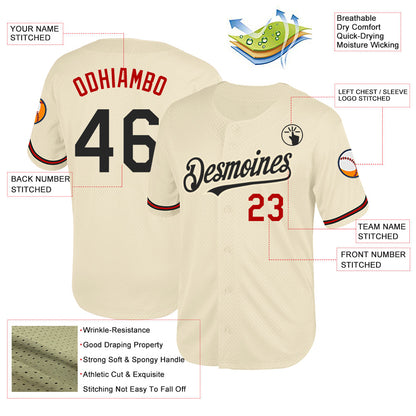 Custom Cream Black-Red Mesh Authentic Throwback Baseball Jersey - Sky-Custom