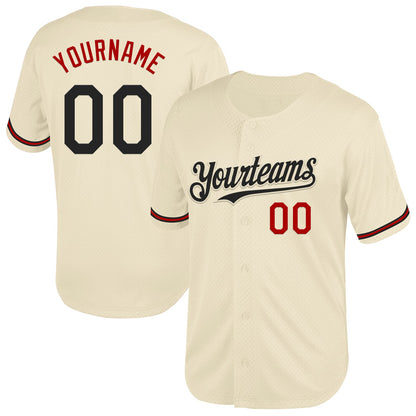 Custom Cream Black-Red Mesh Authentic Throwback Baseball Jersey - Sky-Custom
