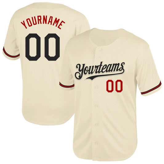 Custom Cream Black-Red Mesh Authentic Throwback Baseball Jersey - Sky-Custom