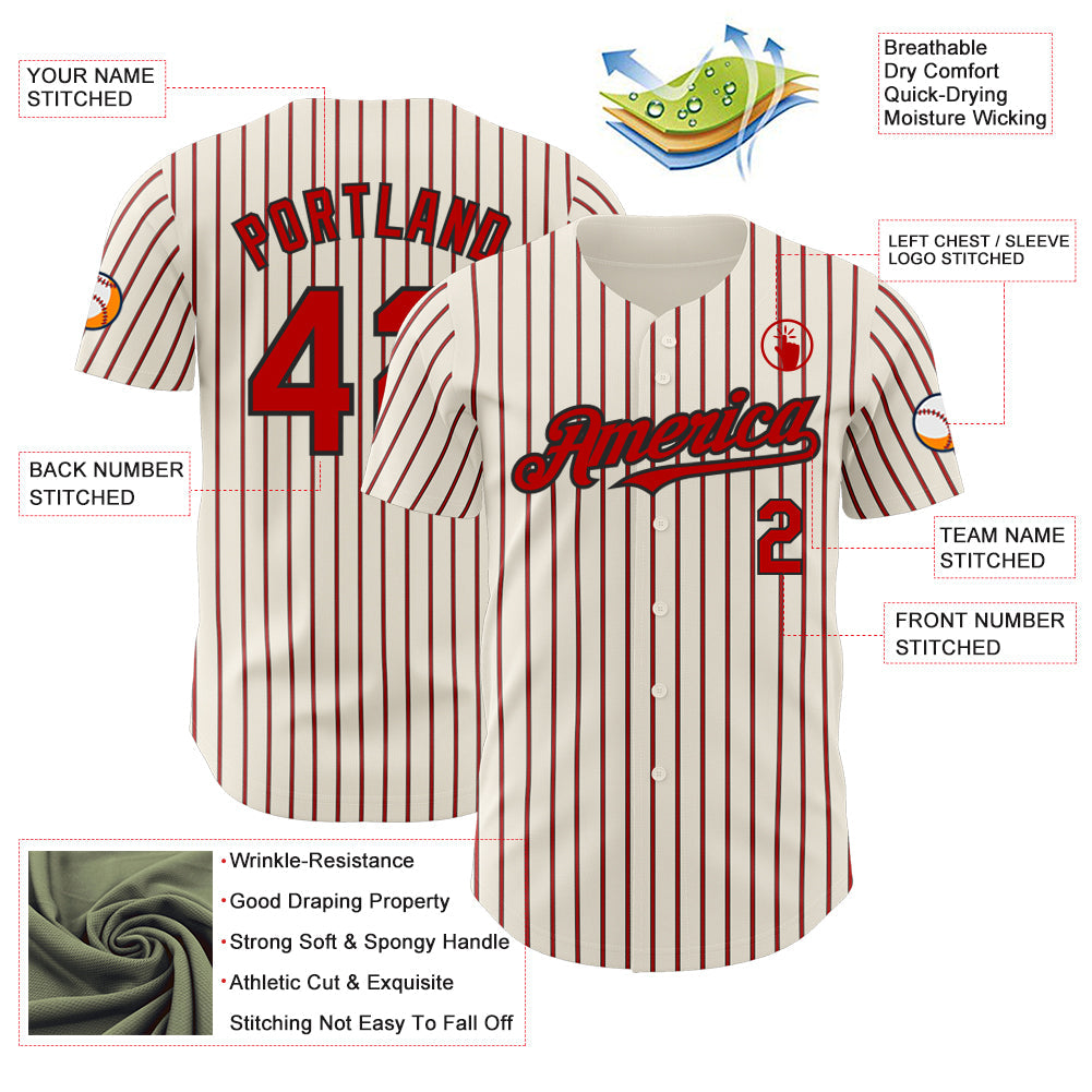 Custom Cream (Black White Pinstripe) Red-Black Authentic Baseball Jersey - Sky-Custom
