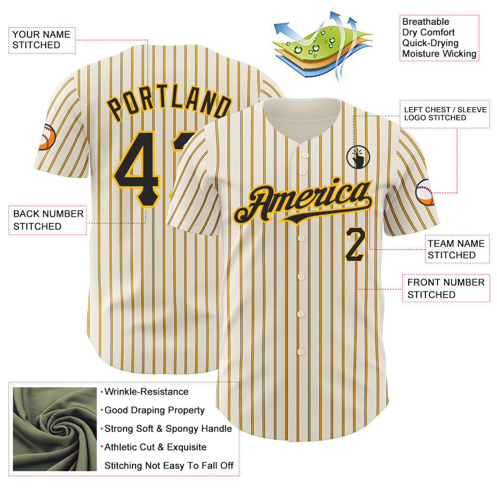 Custom Cream (Black Gold Pinstripe) Black-Gold Authentic Baseball Jersey - Sky-Custom