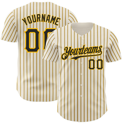 Custom Cream (Black Gold Pinstripe) Black-Gold Authentic Baseball Jersey - Sky-Custom