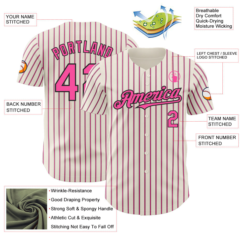 Custom Cream (Black Pink Pinstripe) Pink-Black Authentic Baseball Jersey - Sky-Custom