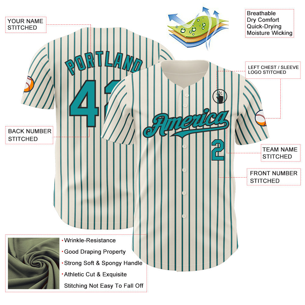 Custom Cream (Black Teal Pinstripe) Teal-Black Authentic Baseball Jersey - Sky-Custom