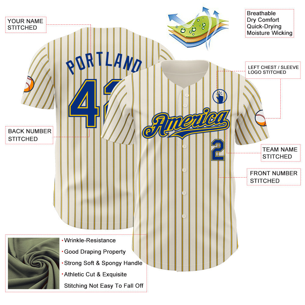 Custom Cream (Royal Yellow Pinstripe) Royal-Yellow Authentic Baseball Jersey - Sky-Custom