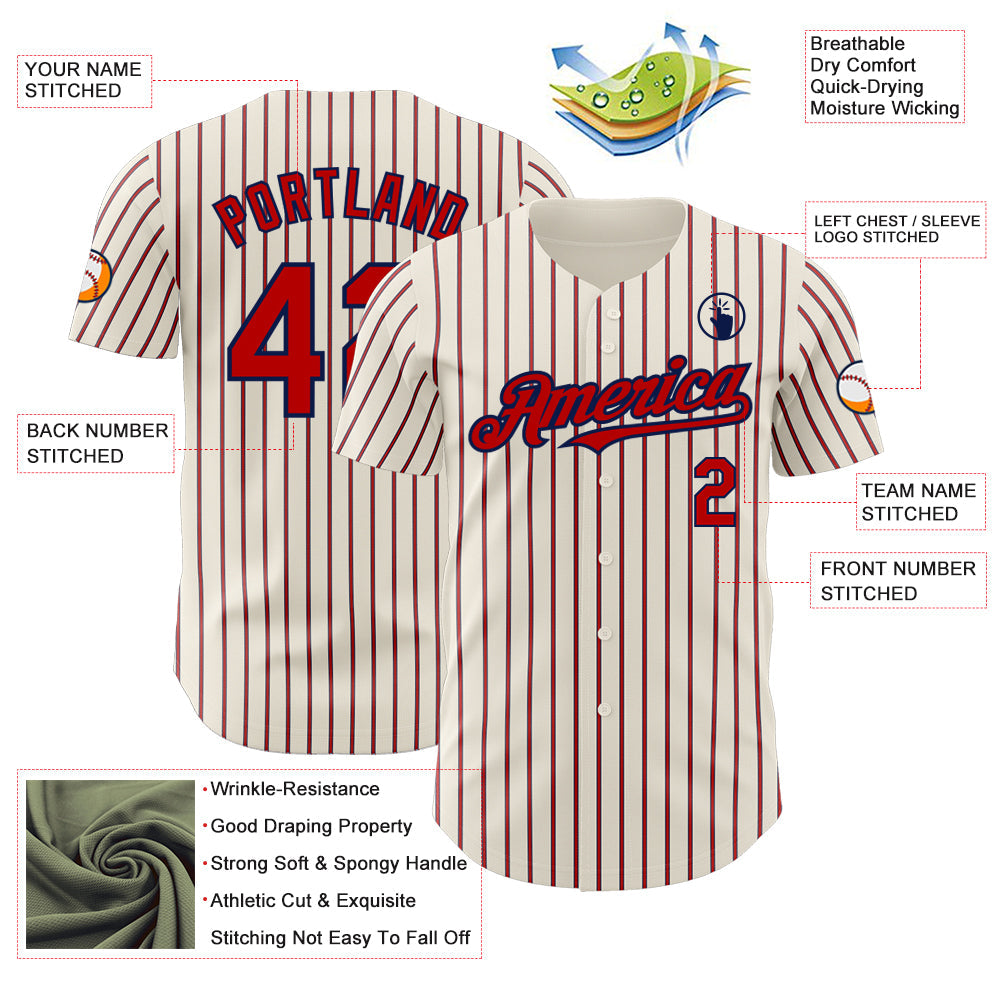 Custom Cream (Navy Red Pinstripe) Red-Navy Authentic Baseball Jersey - Sky-Custom