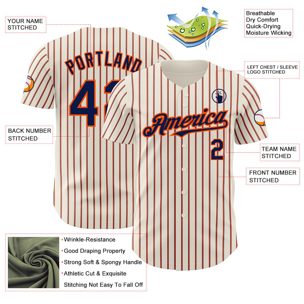 Custom Cream (Navy Orange Pinstripe) Navy-Orange Authentic Baseball Jersey - Sky-Custom