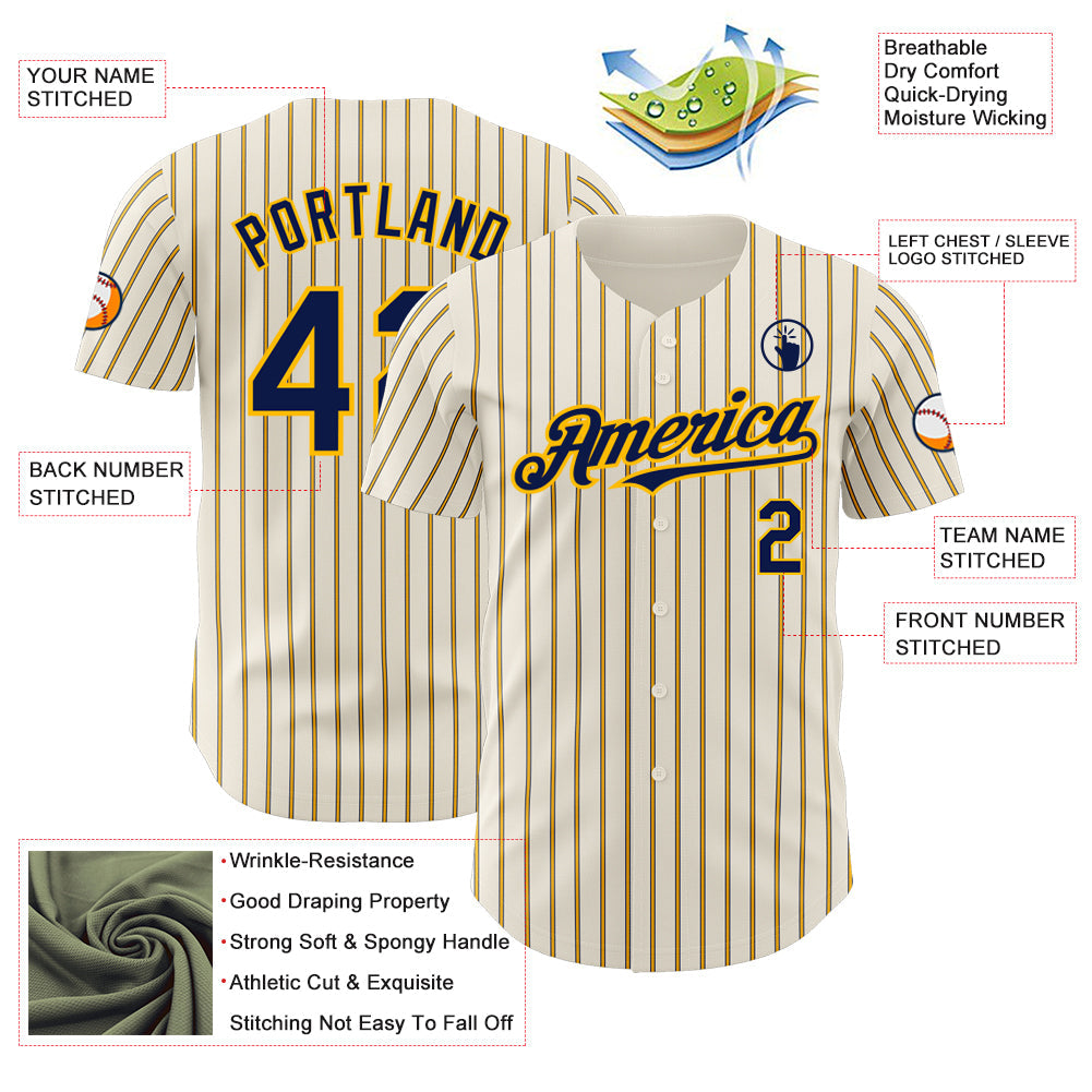 Custom Cream (Navy Gold Pinstripe) Navy-Gold Authentic Baseball Jersey - Sky-Custom