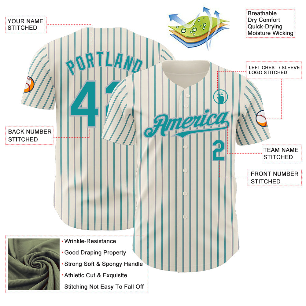 Custom Cream (Teal Gray Pinstripe) Teal-Gray Authentic Baseball Jersey - Sky-Custom