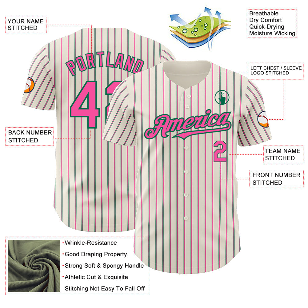 Custom Cream (Kelly Green Pink Pinstripe) Pink-Kelly Green Authentic Baseball Jersey - Sky-Custom