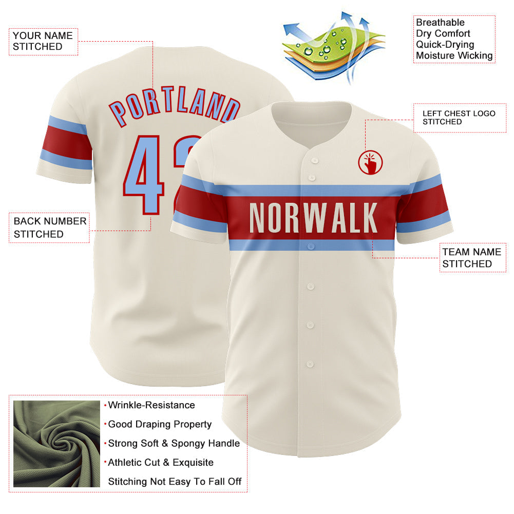 Custom Cream Light Blue-Red Authentic Baseball Jersey - Sky-Custom
