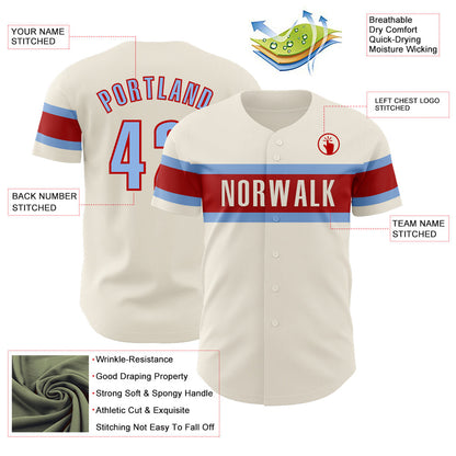 Custom Cream Light Blue-Red Authentic Baseball Jersey - Sky-Custom