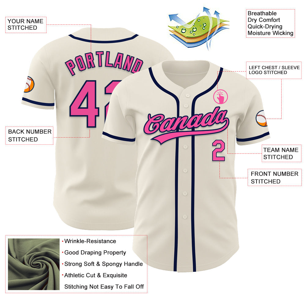 Custom Cream Pink-Navy Authentic Baseball Jersey - Sky-Custom