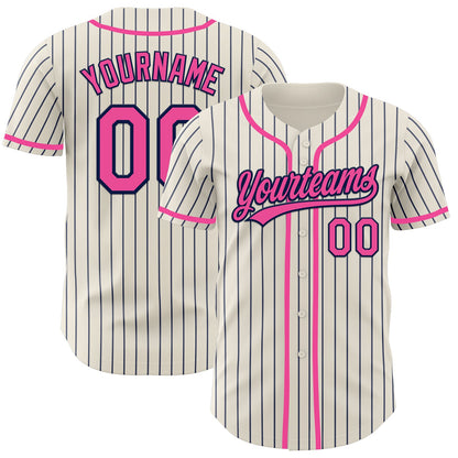Custom Cream Navy Pinstripe Pink Authentic Baseball Jersey - Sky-Custom