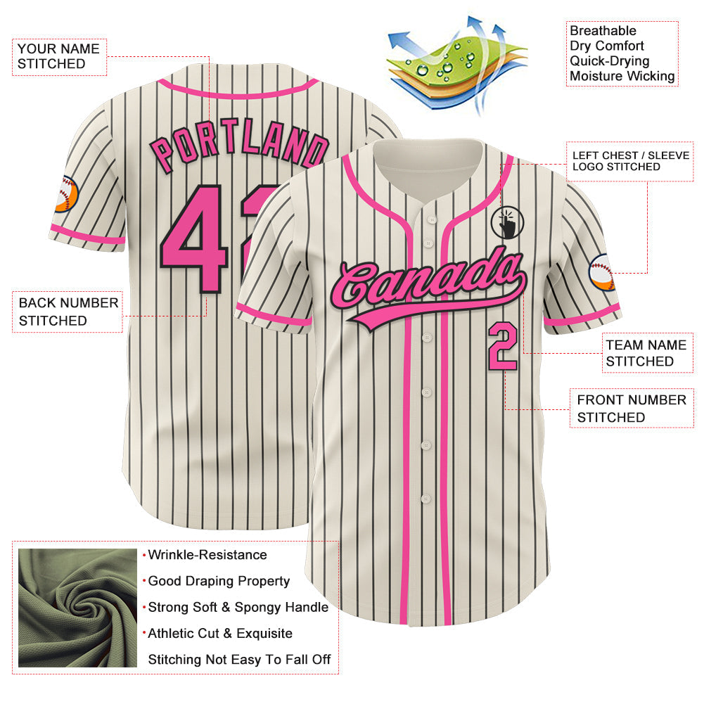 Custom Cream Black Pinstripe Pink Authentic Baseball Jersey - Sky-Custom