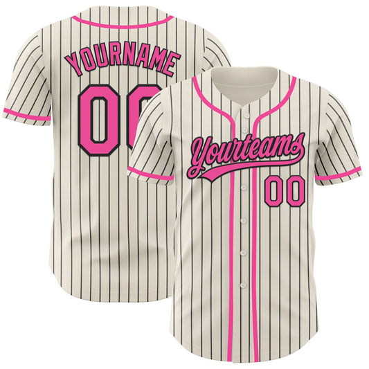 Custom Cream Black Pinstripe Pink Authentic Baseball Jersey - Sky-Custom