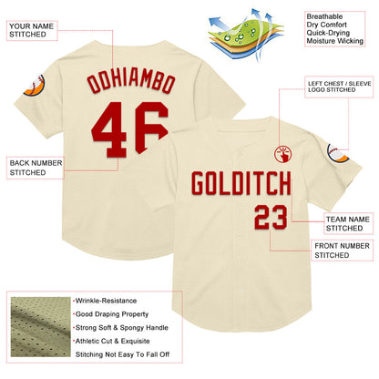 Custom Cream Red Mesh Authentic Throwback Baseball Jersey - Sky-Custom
