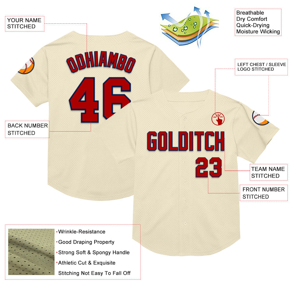 Custom Cream Red-Navy Mesh Authentic Throwback Baseball Jersey - Sky-Custom