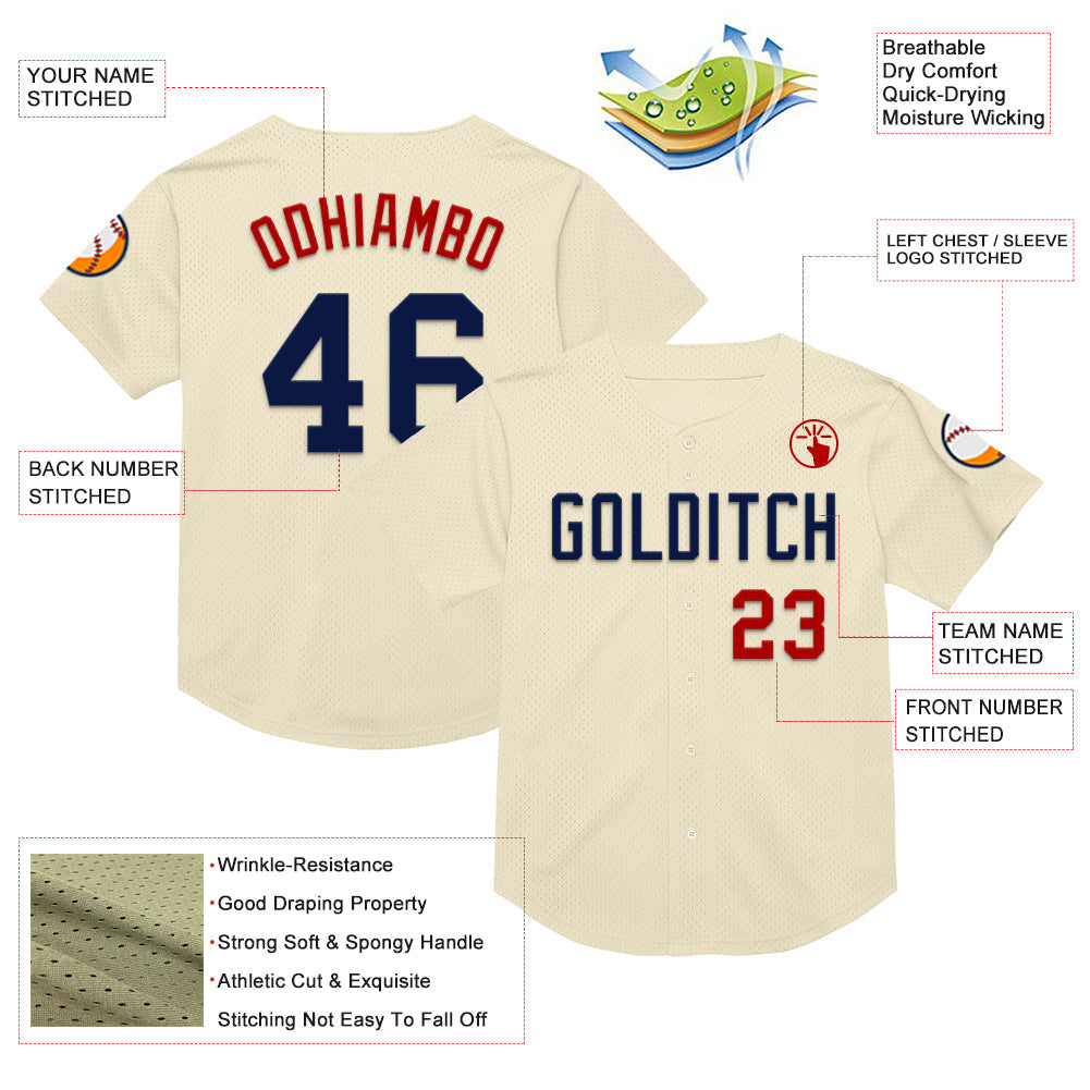 Custom Cream Navy-Red Mesh Authentic Throwback Baseball Jersey - Sky-Custom