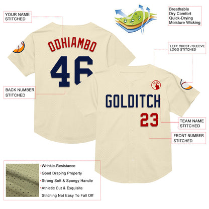 Custom Cream Navy-Red Mesh Authentic Throwback Baseball Jersey - Sky-Custom
