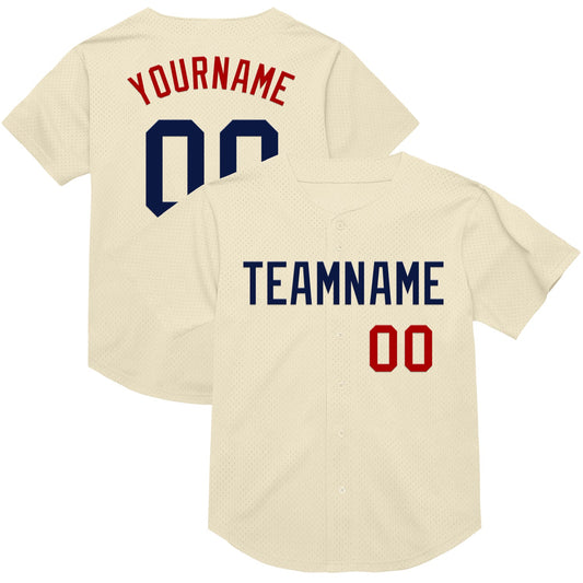 Custom Cream Navy-Red Mesh Authentic Throwback Baseball Jersey - Sky-Custom