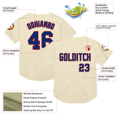 Custom Cream Royal-Red Mesh Authentic Throwback Baseball Jersey - Sky-Custom