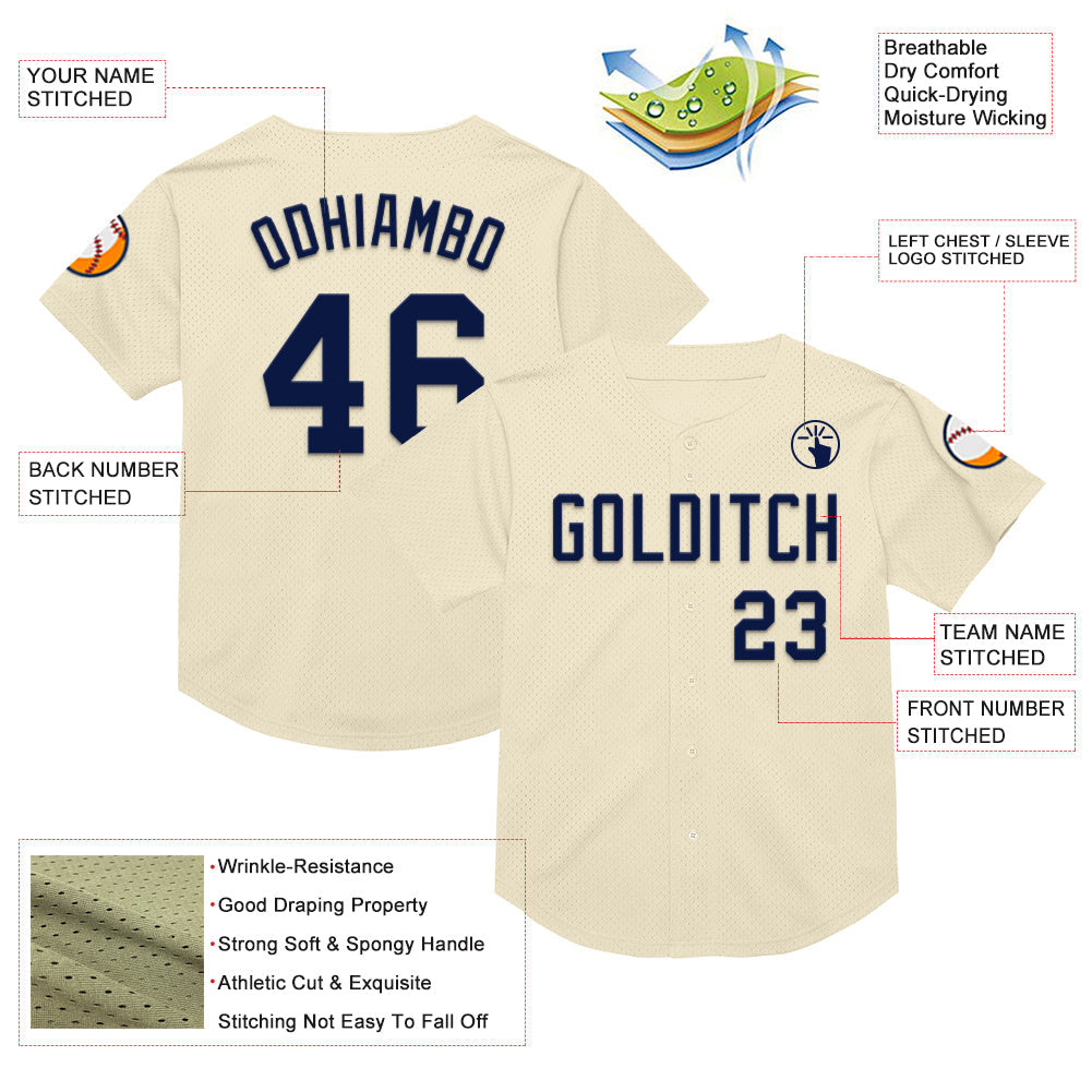 Custom Cream Navy Mesh Authentic Throwback Baseball Jersey - Sky-Custom