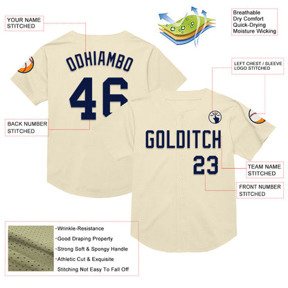 Custom Cream Navy Mesh Authentic Throwback Baseball Jersey - Sky-Custom