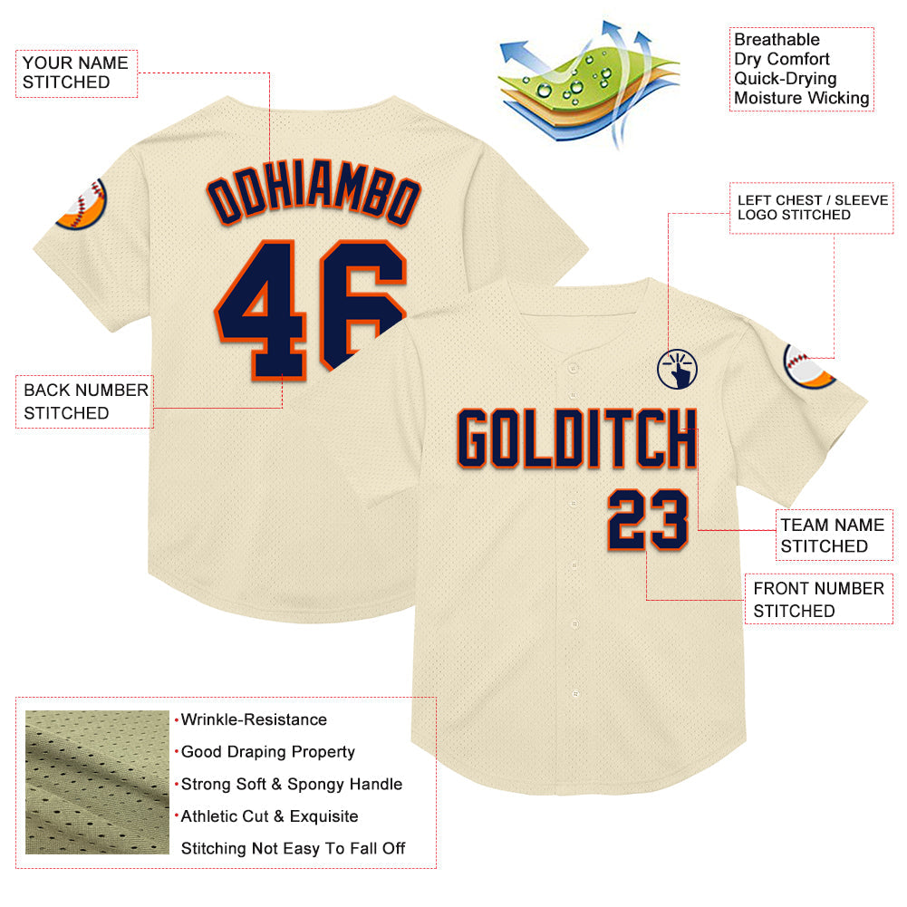 Custom Cream Navy-Orange Mesh Authentic Throwback Baseball Jersey - Sky-Custom
