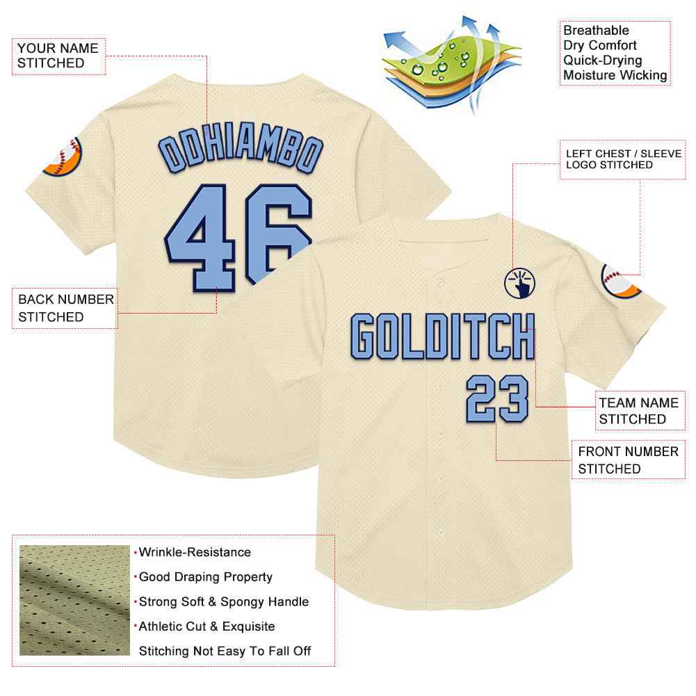 Custom Cream Light Blue-Navy Mesh Authentic Throwback Baseball Jersey - Sky-Custom