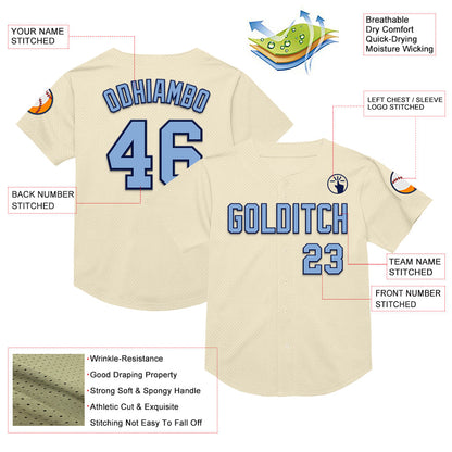 Custom Cream Light Blue-Navy Mesh Authentic Throwback Baseball Jersey - Sky-Custom