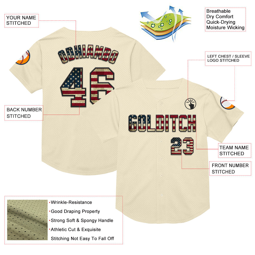 Custom Cream Vintage USA Flag-Black Mesh Authentic Throwback Baseball Jersey - Sky-Custom