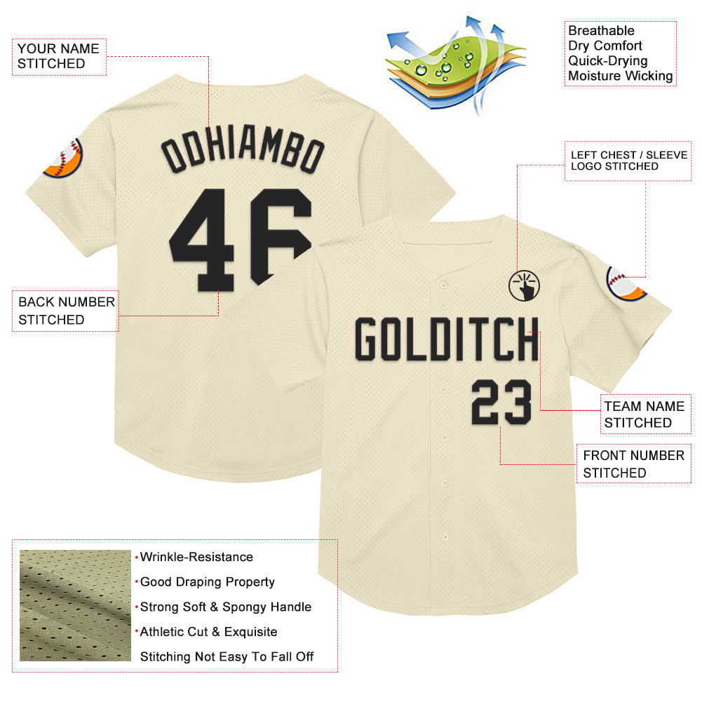 Custom Cream Black Mesh Authentic Throwback Baseball Jersey - Sky-Custom