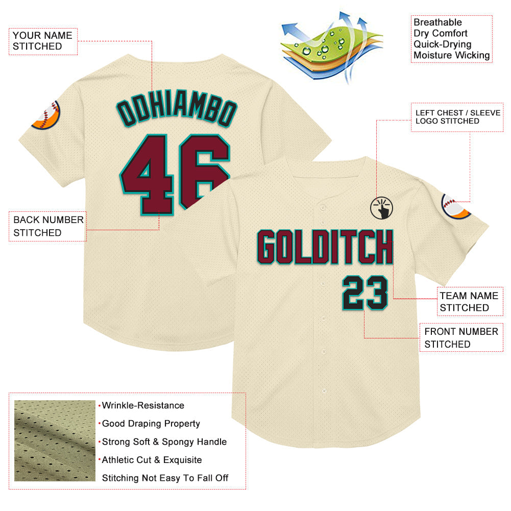Custom Cream Crimson Black-Aqua Mesh Authentic Throwback Baseball Jersey - Sky-Custom