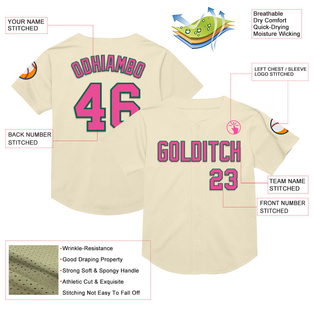 Custom Cream Pink-Kelly Green Mesh Authentic Throwback Baseball Jersey - Sky-Custom