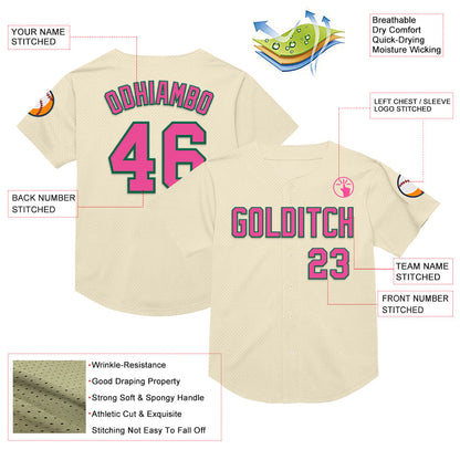 Custom Cream Pink-Kelly Green Mesh Authentic Throwback Baseball Jersey - Sky-Custom